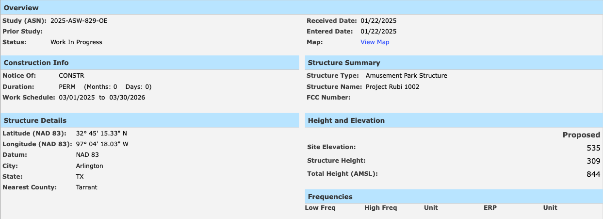 Six Flags Over Texas 2026 FAA Filing Permit